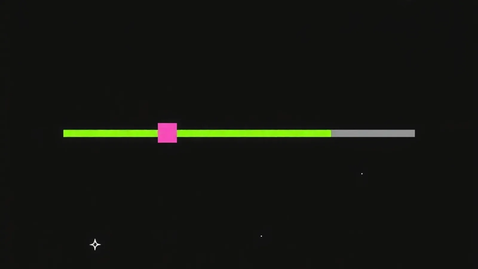 A thin neon green progress bar across a black background, cut a third of the way along by a hot pink square block, with the final stretch of the bar left grey