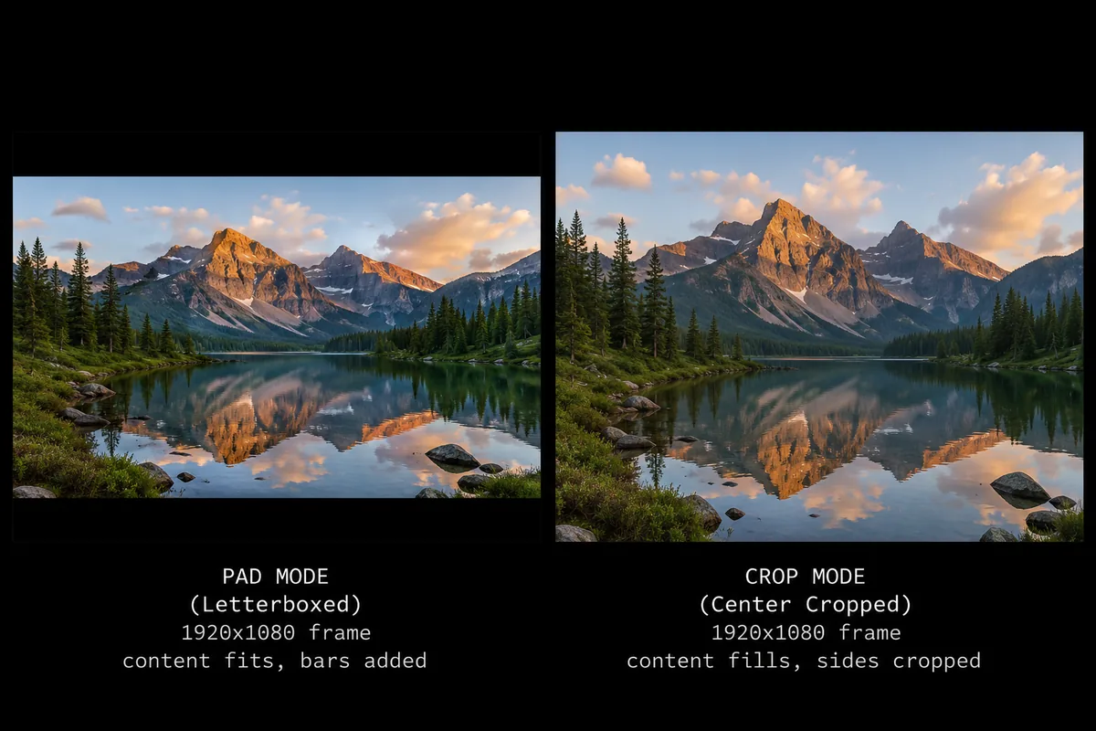 Side-by-side comparison of pad mode (letterboxed, content fits with bars added) and crop mode (center cropped, content fills the frame, sides cropped)